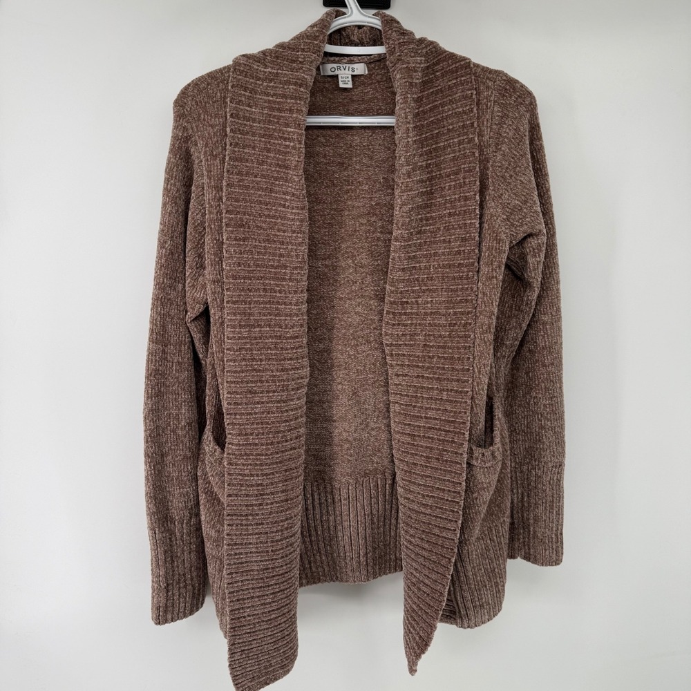 Orvis Womens Brown Chenille Open Front Cardigan Shawl Collar Pocket Sweater‎ S